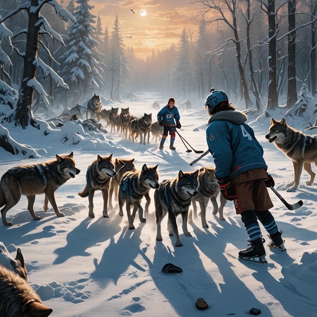 Child's Hockey Game in Snowy Wolf Landscape