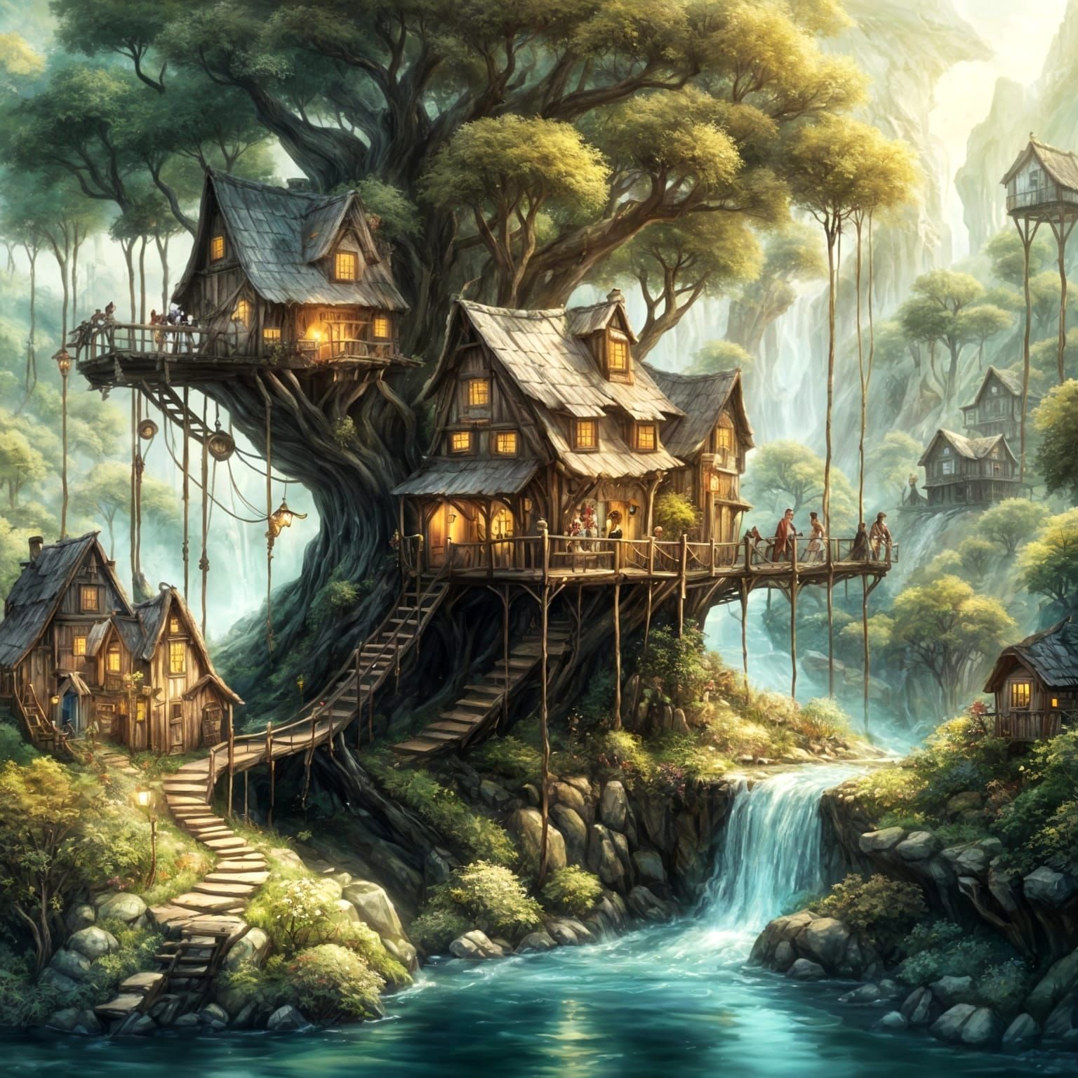 Enchanted Tree Village in Whimsical Fantasy Style