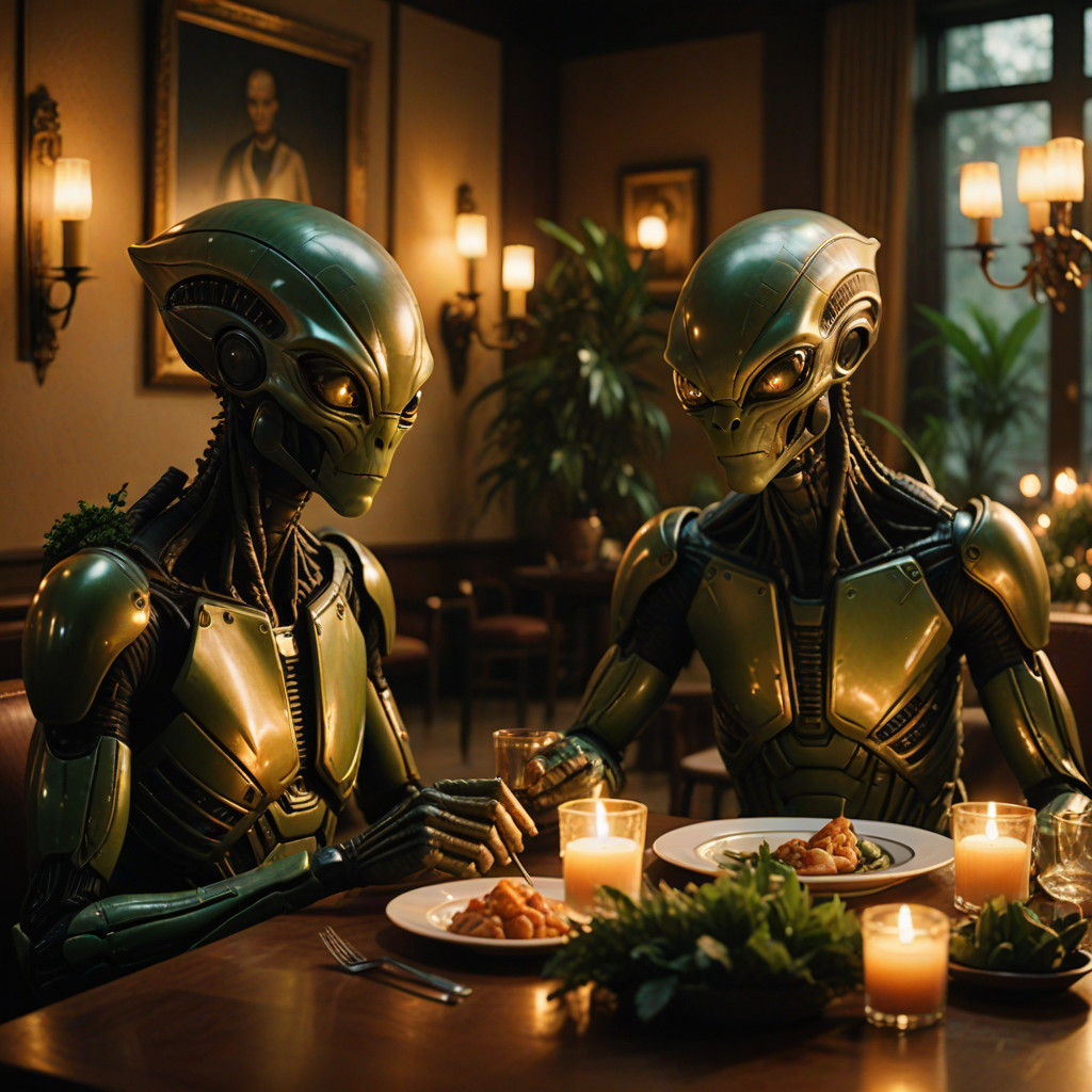 Alien Couple Dine in a Luxurious Restaurant