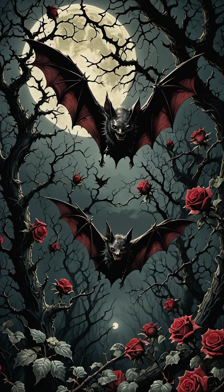 Bat in Dark Forest: Surreal Horror Art