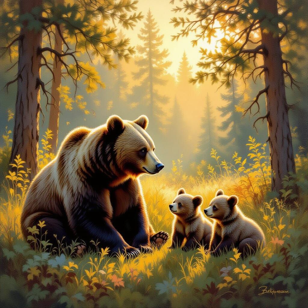 Mother Bear and Cubs in Sunlit Forest Clearing