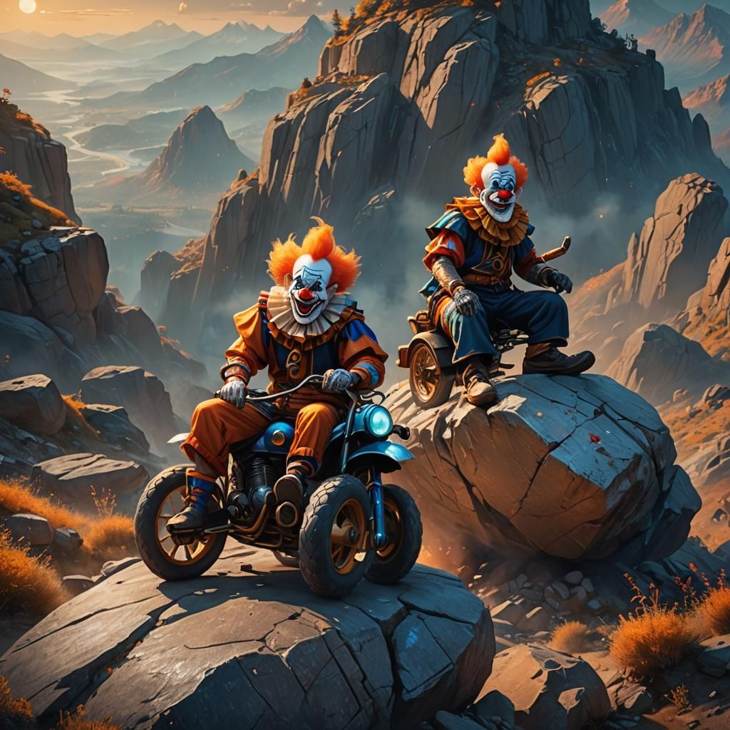 Clowns on Mountain Motorbike Crash: Fantasy Art