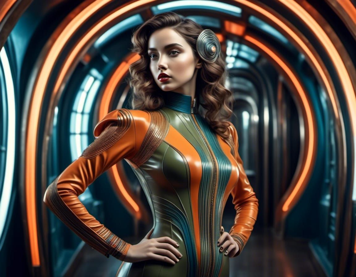 Retrofuturistic Woman in Military Uniform on Alien Planet