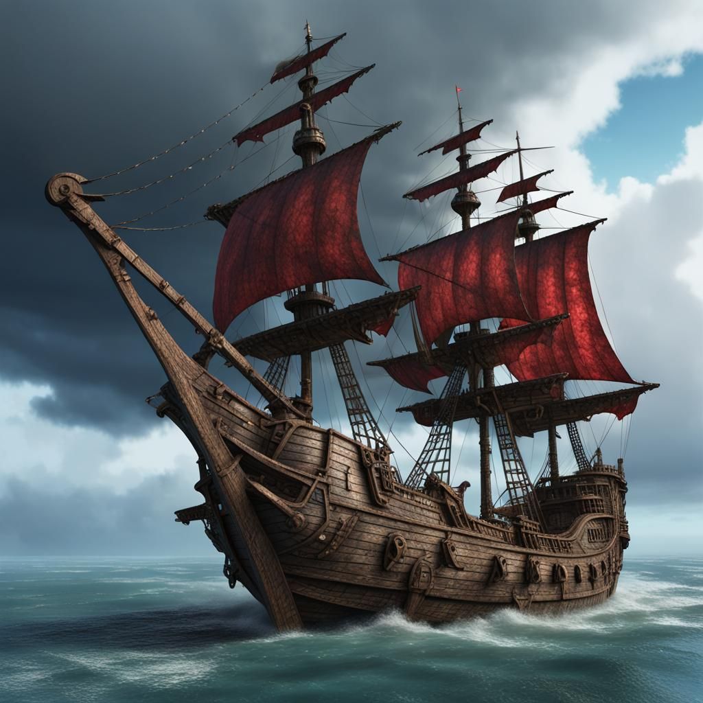 Fantasy Pirate Ship on Stormy Ocean in 3D
