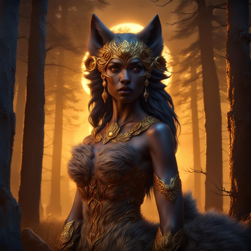 Werewolf Goddess with Golden Eyes at Nightfall