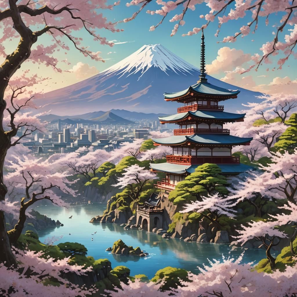 Mt Fuji Cherry Blossoms in Fantasy Matte Painting