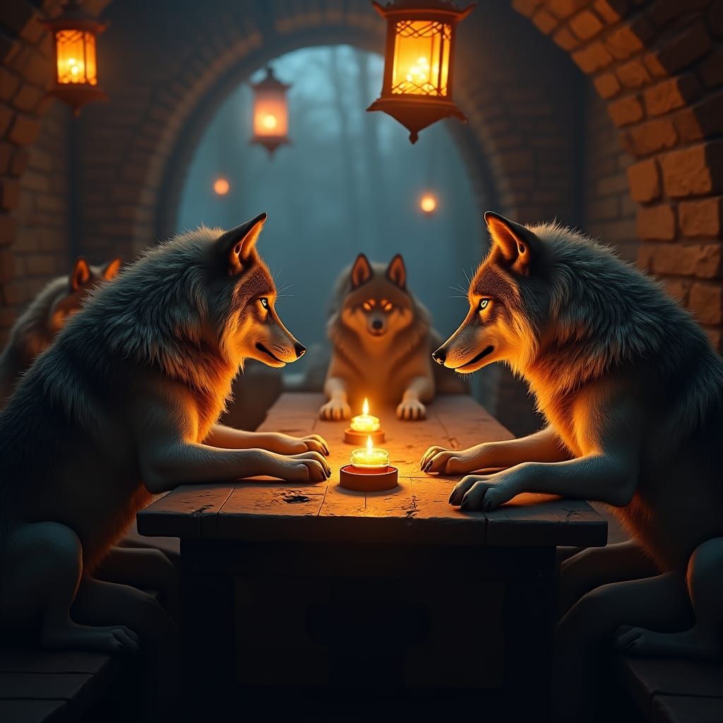 Wolves Converse in Mystical Tavern: Atmospheric Matte Painti...
