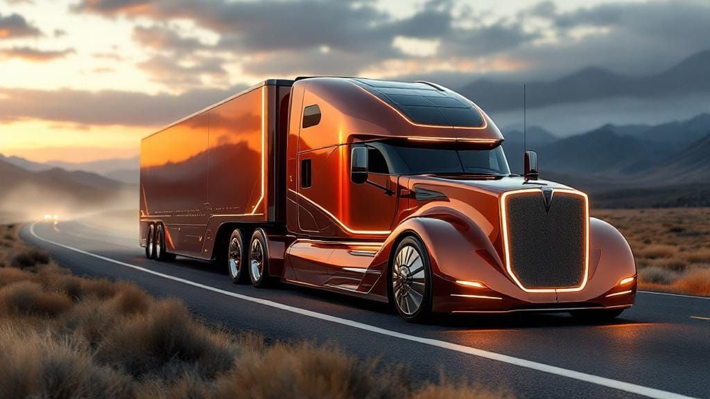Futuristic Electric Semi-Truck at Sunrise, Concept Art