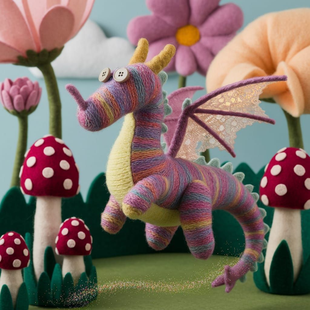 Needle-felted Dragon Soaring Through a Dreamlike Sky