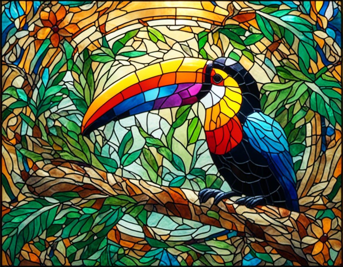 Polychromatic Stained Glass Toucan in Jungle