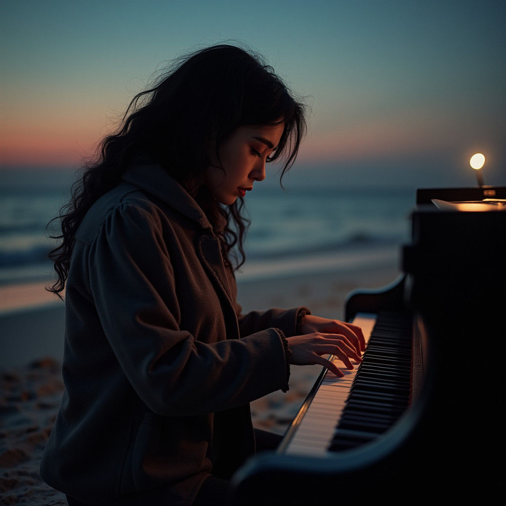 Woman Plays Piano on Beach at Night