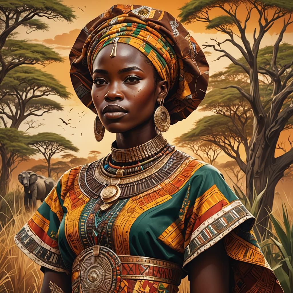 African Woman in Traditional Dress on the Savannah