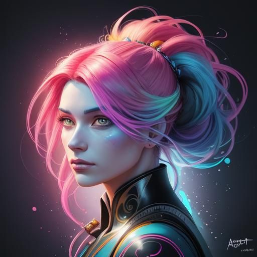 Neon Portrait with Pencils and Clocks, Hyperrealistic