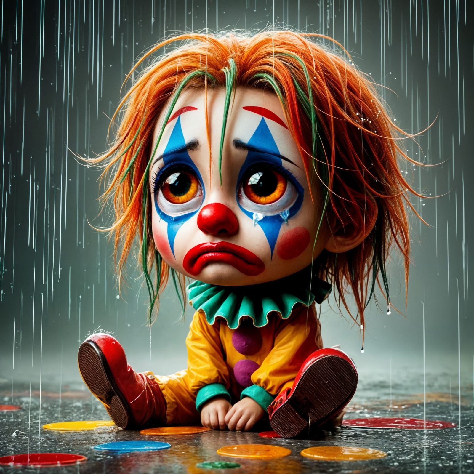 Surreal Mini Clown with Rainy Day Blues