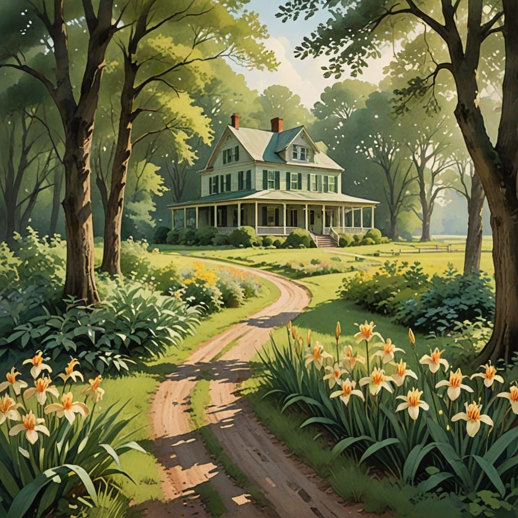 Vintage Wet Watercolor Landscape with Abandoned Plantation H...