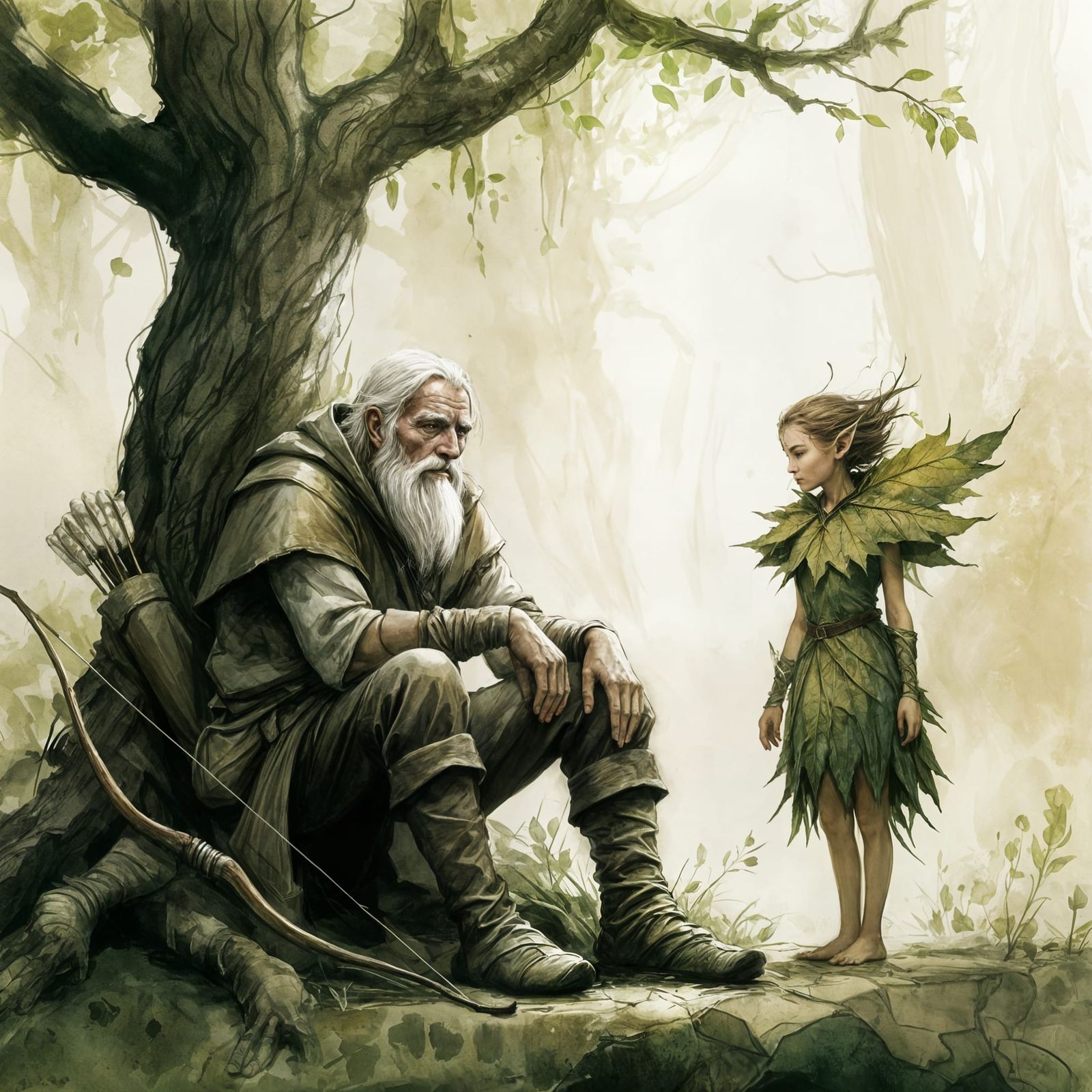 Ranger and Fey in D&D Style Ink Drawing