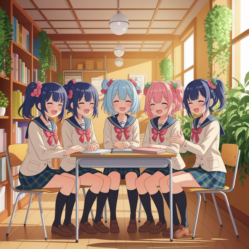 Anime Schoolgirls Studying in Sunlit Classroom