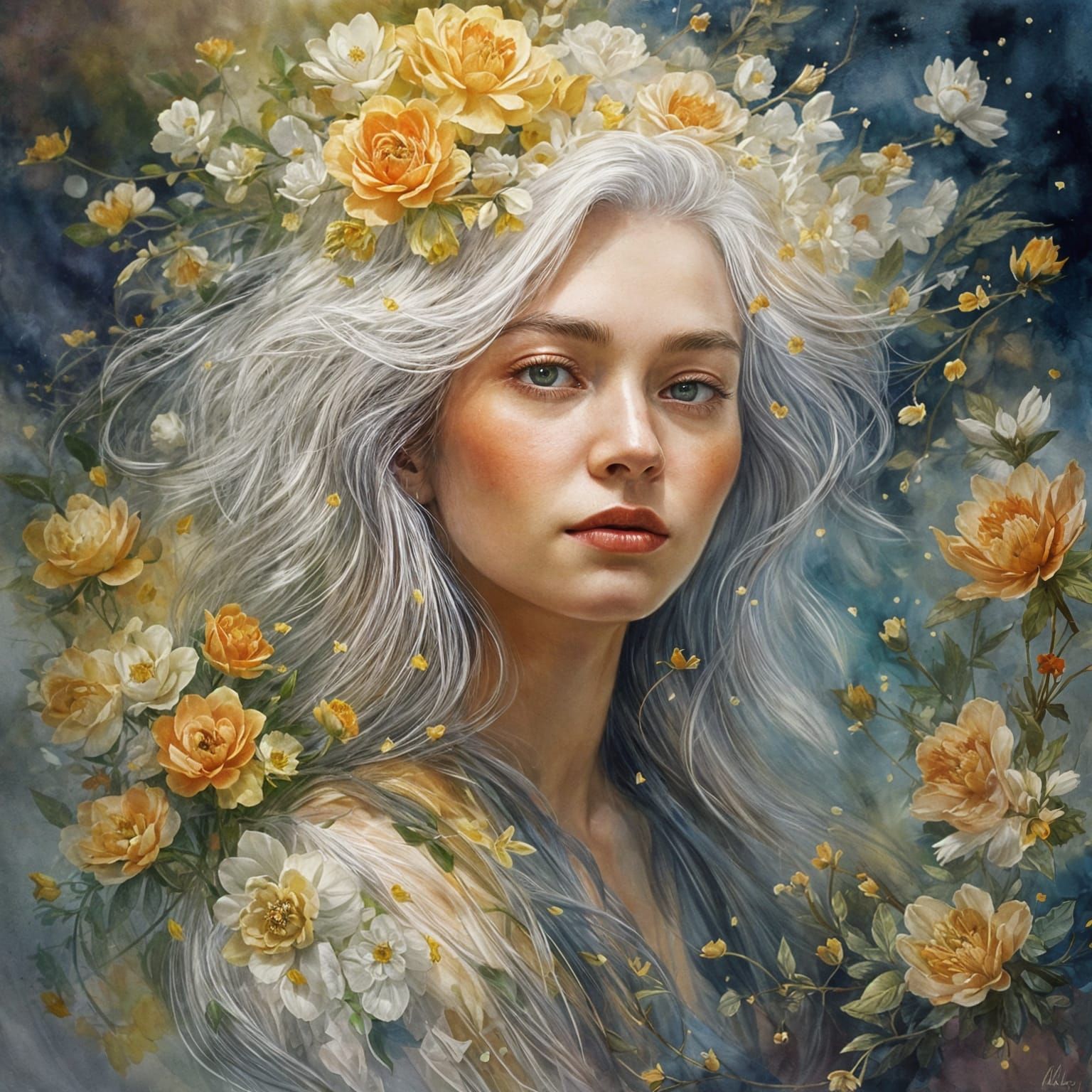 Ethereal Woman Portrait with Golden Flowers, Gouache