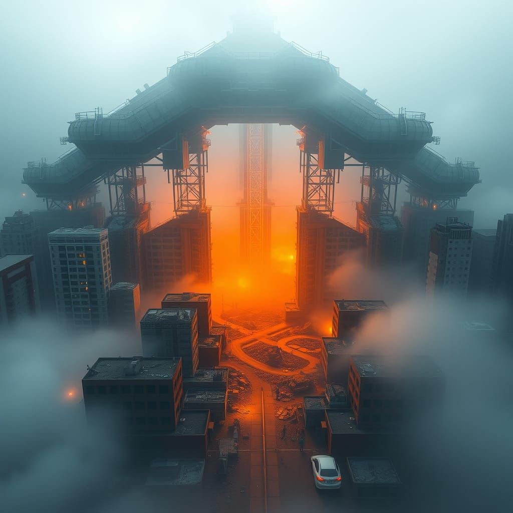 Megastructure Ruins in Dense Fog