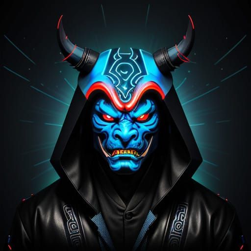 Mystical Blue Oni Mask in Cyberpunk Style