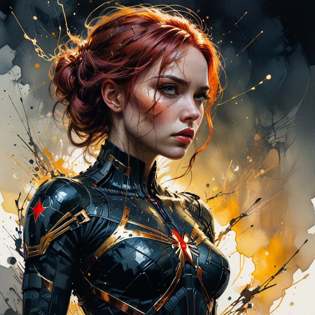 Black Widow at Sunset: Watercolor Carne Griffiths Style