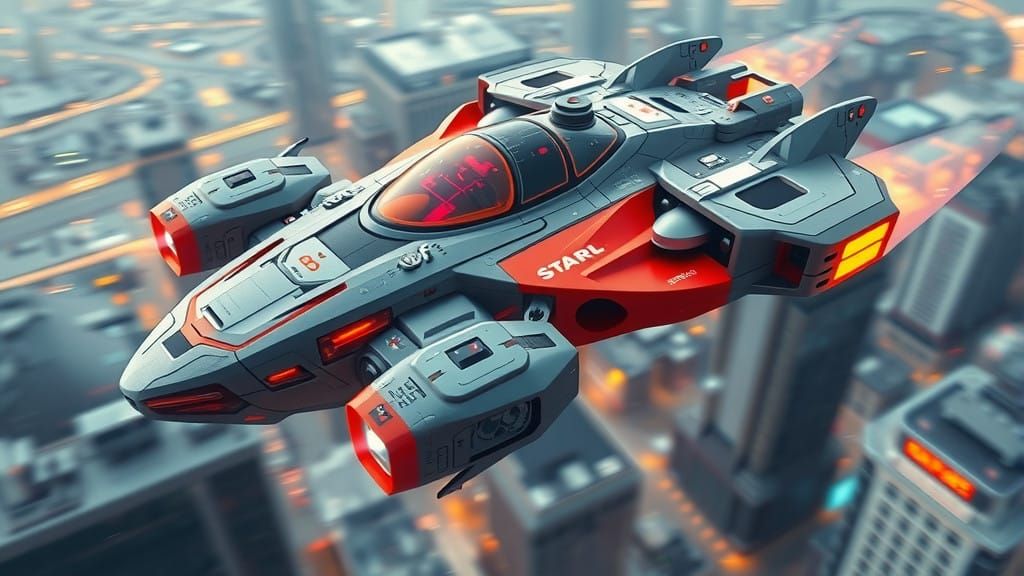 Cybernetic Flying Vehicle in Futuristic Cityscape