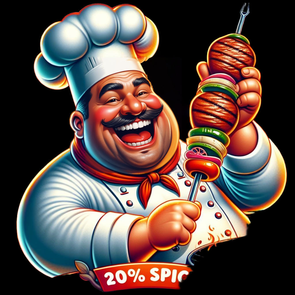 Cartoon Chef Grilling Steak and Vegetables