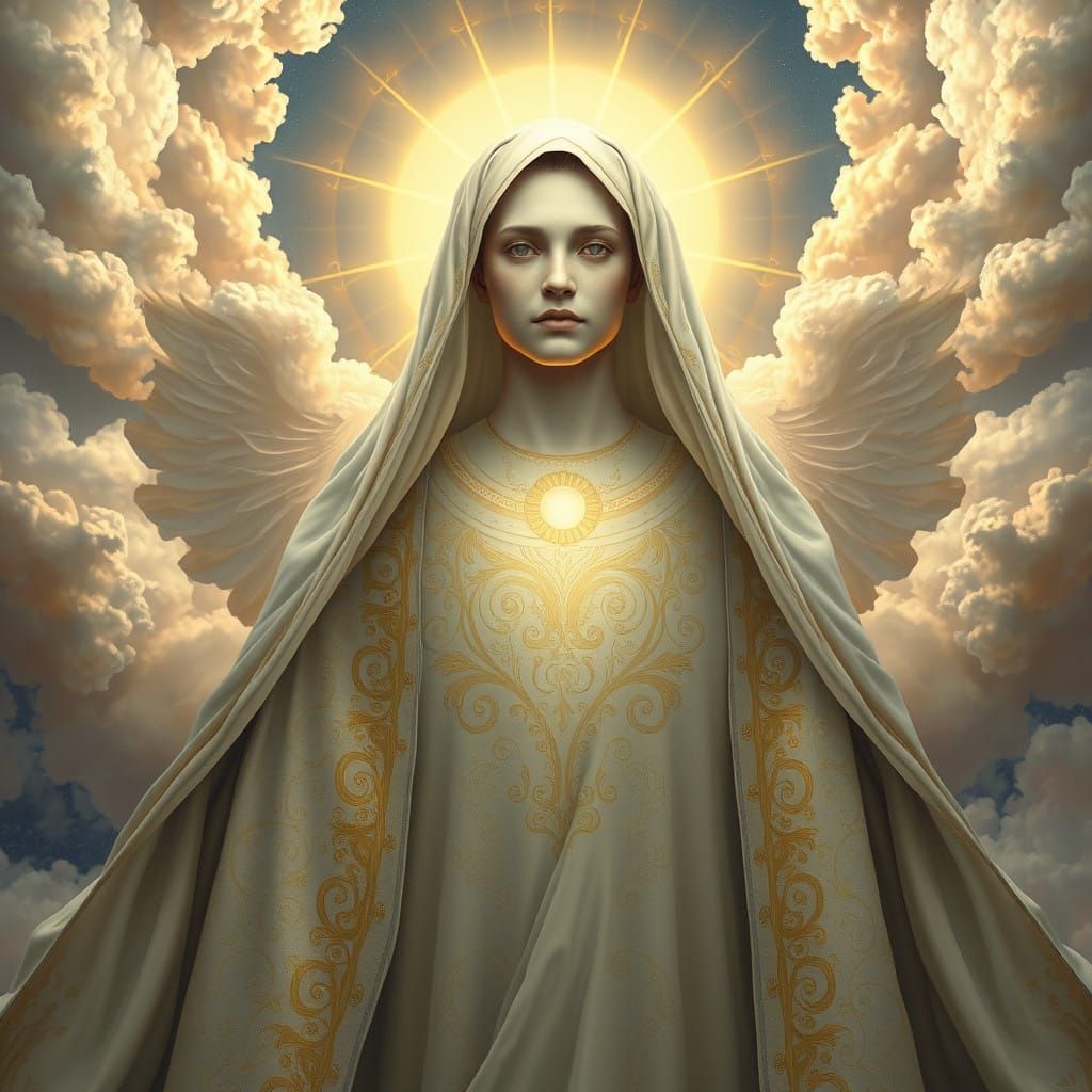 Ethereal Divine Being in Iridescent Clouds