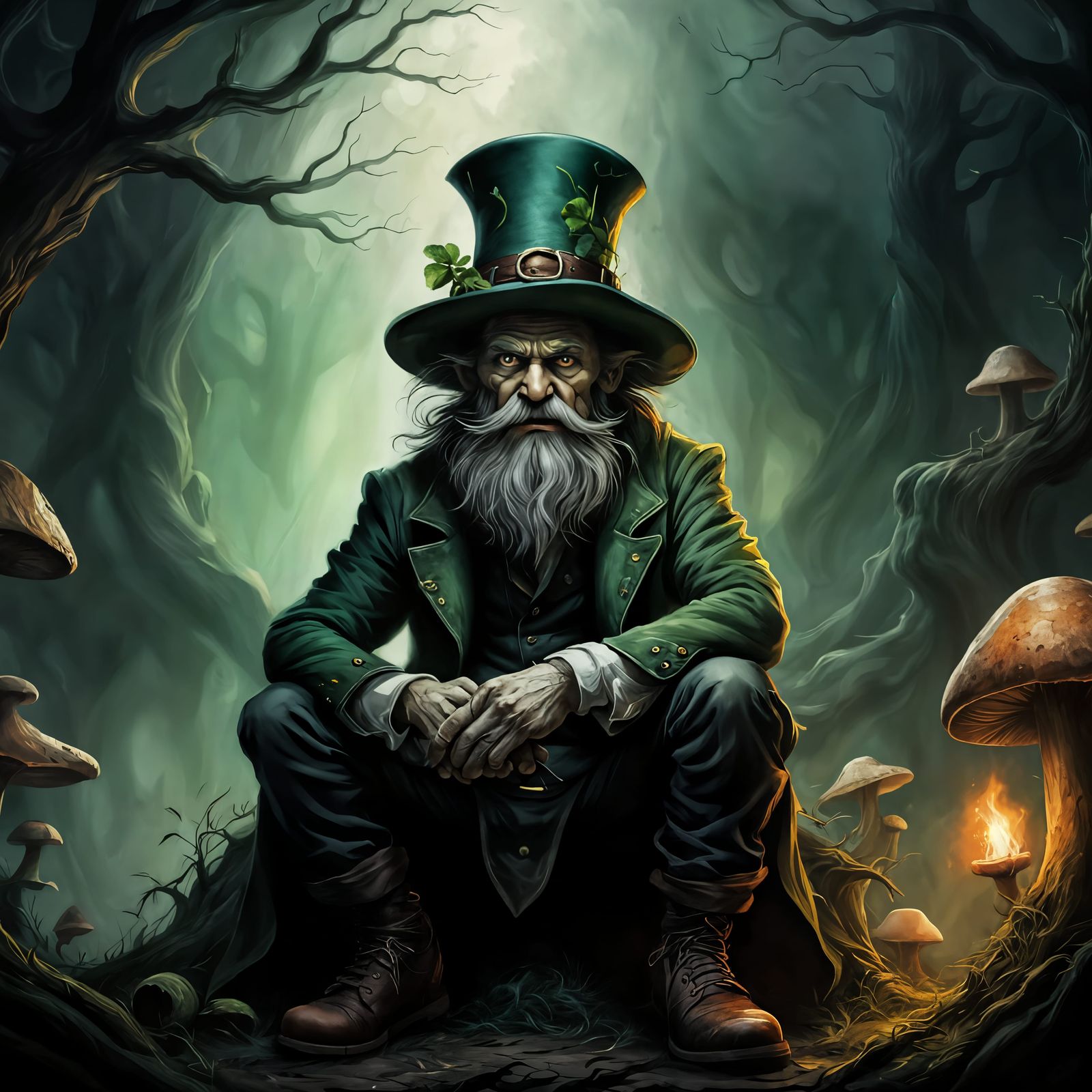 Mysterious Leprechaun in a Dark Emerald Landscape