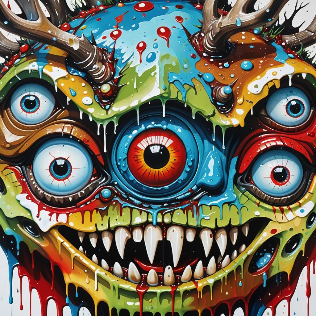 Grotesque Surreal Car with Deer Eyes, Oil on Canvas