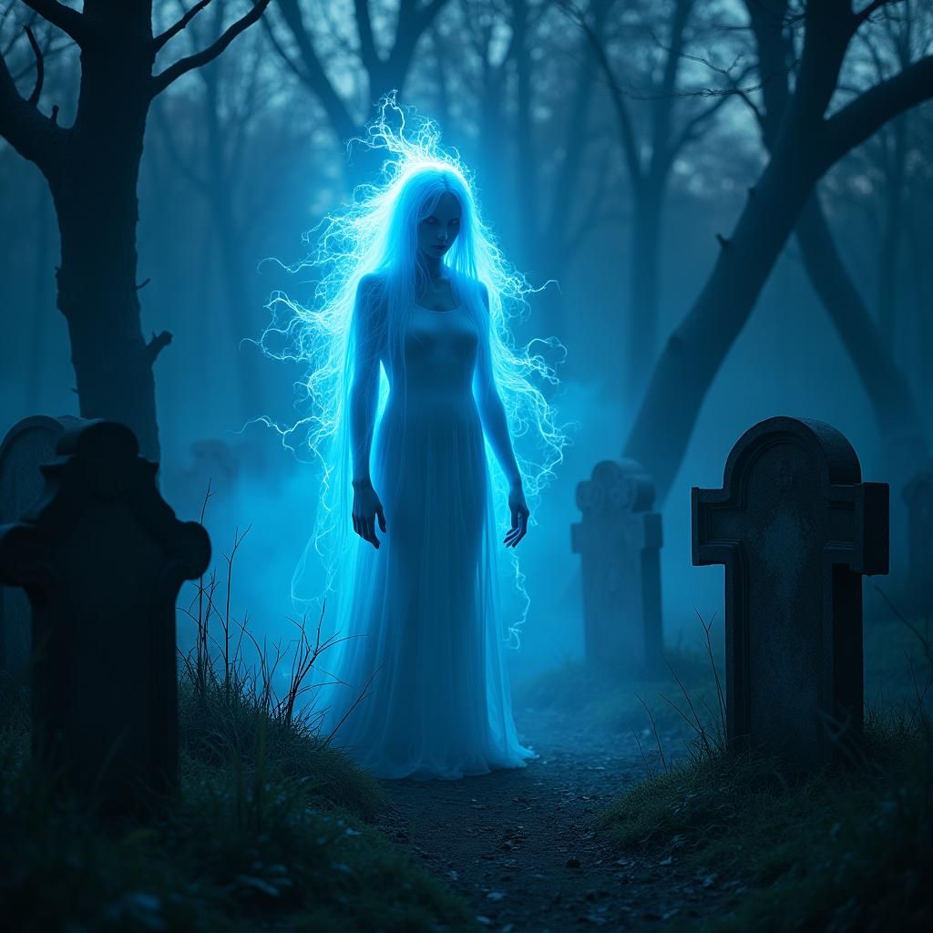 Ethereal Blue Plasma Ghost in Graveyard, Cinematic Realism