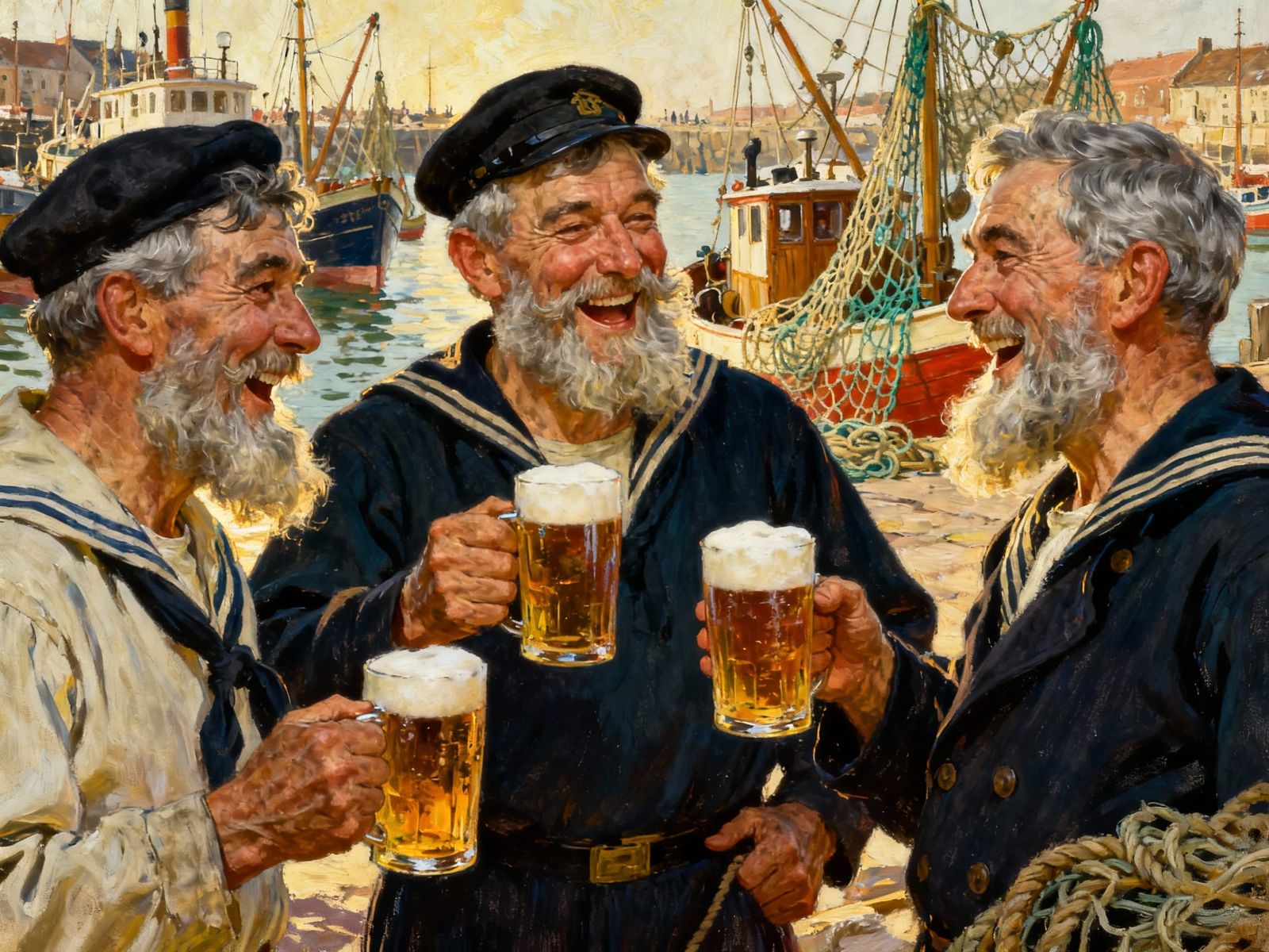 Happy Old Sailors Toasting Beer in 1920s Harbour