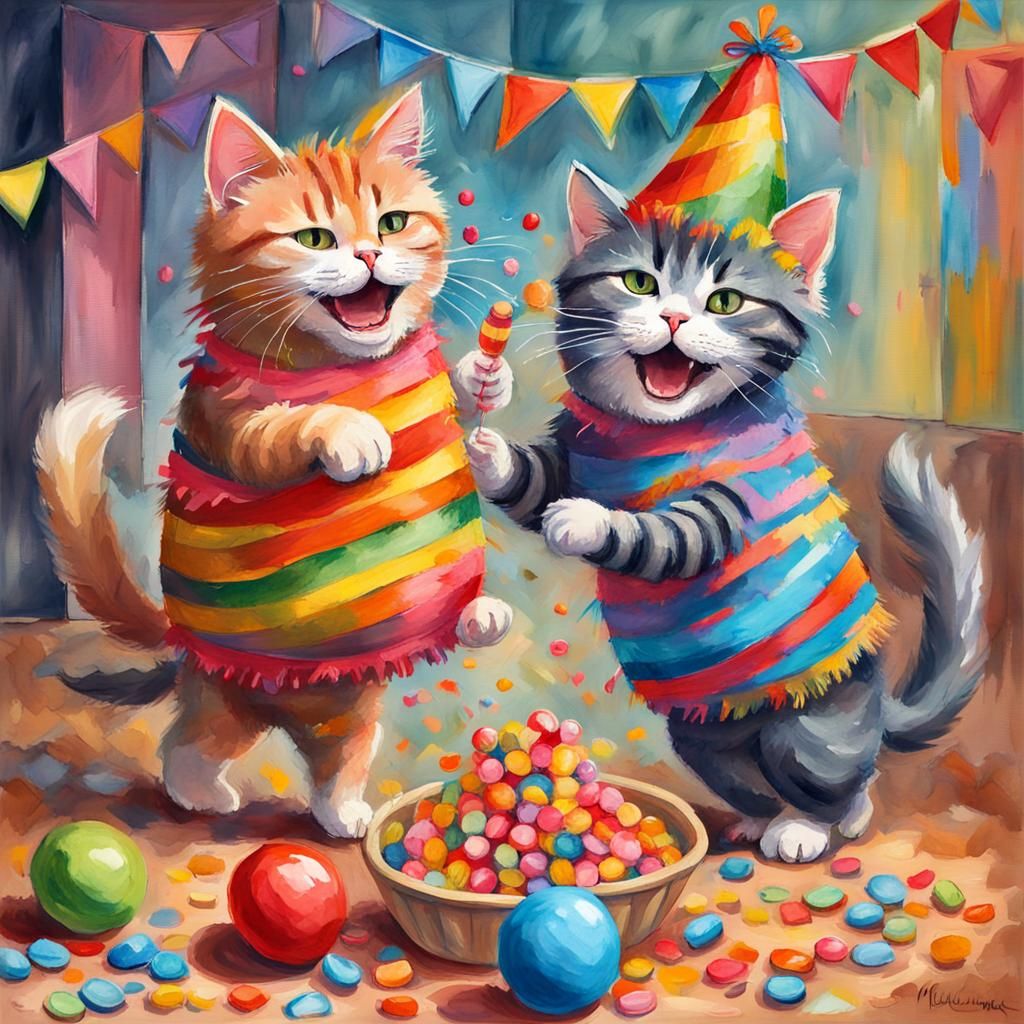 Cats Celebrate with Pinata, in Gouache Style