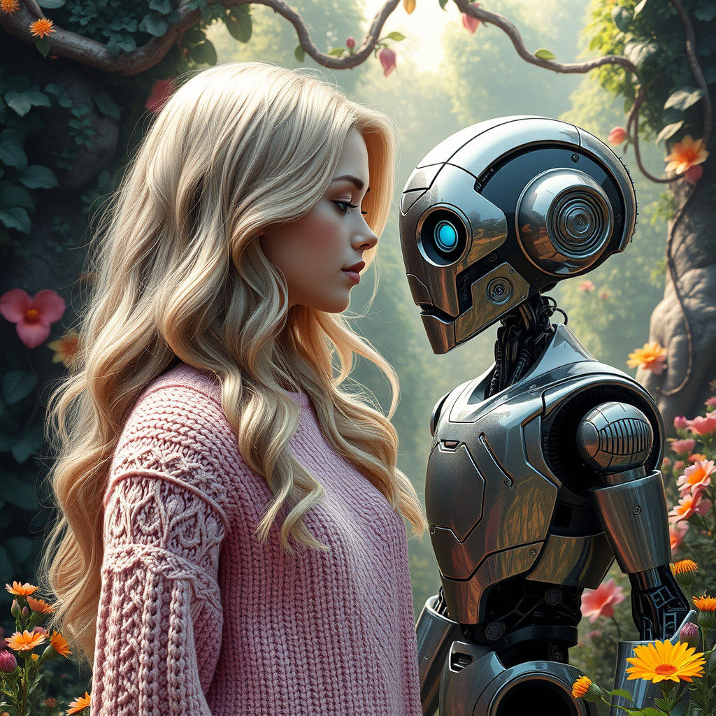 Robot Tipping Hat to Blond Woman in Dreamy Landscape