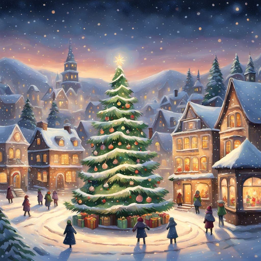 Whimsical Christmas Tree in Cozy Village Square