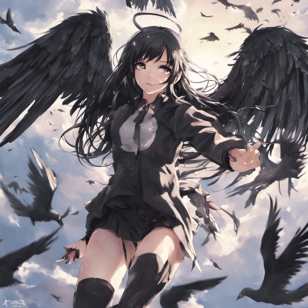 Fallen Angel with Black Wings in Anime Style