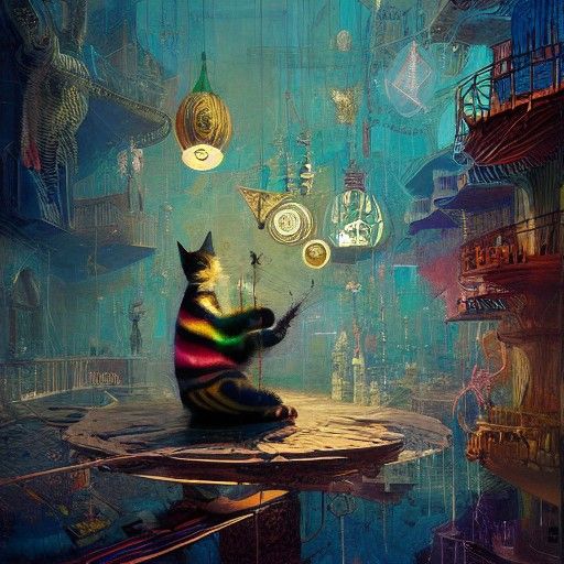 Striped Cat Magician Inspecting Enchanted Ornaments