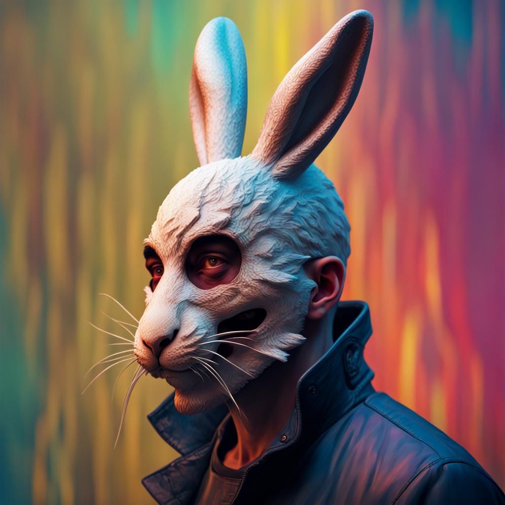 Hyperrealistic Creepy Man in Rabbit Mask