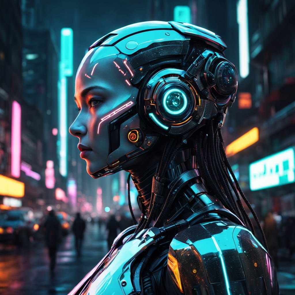 cyberpunk robot-girl with body of chrome  walking in the street, Nighcity; bioluminescent (Bioluminescent:1.3) ; ultra d...