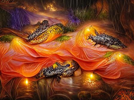 Crocodiles Resting in Orange Lightning, Visionary Art