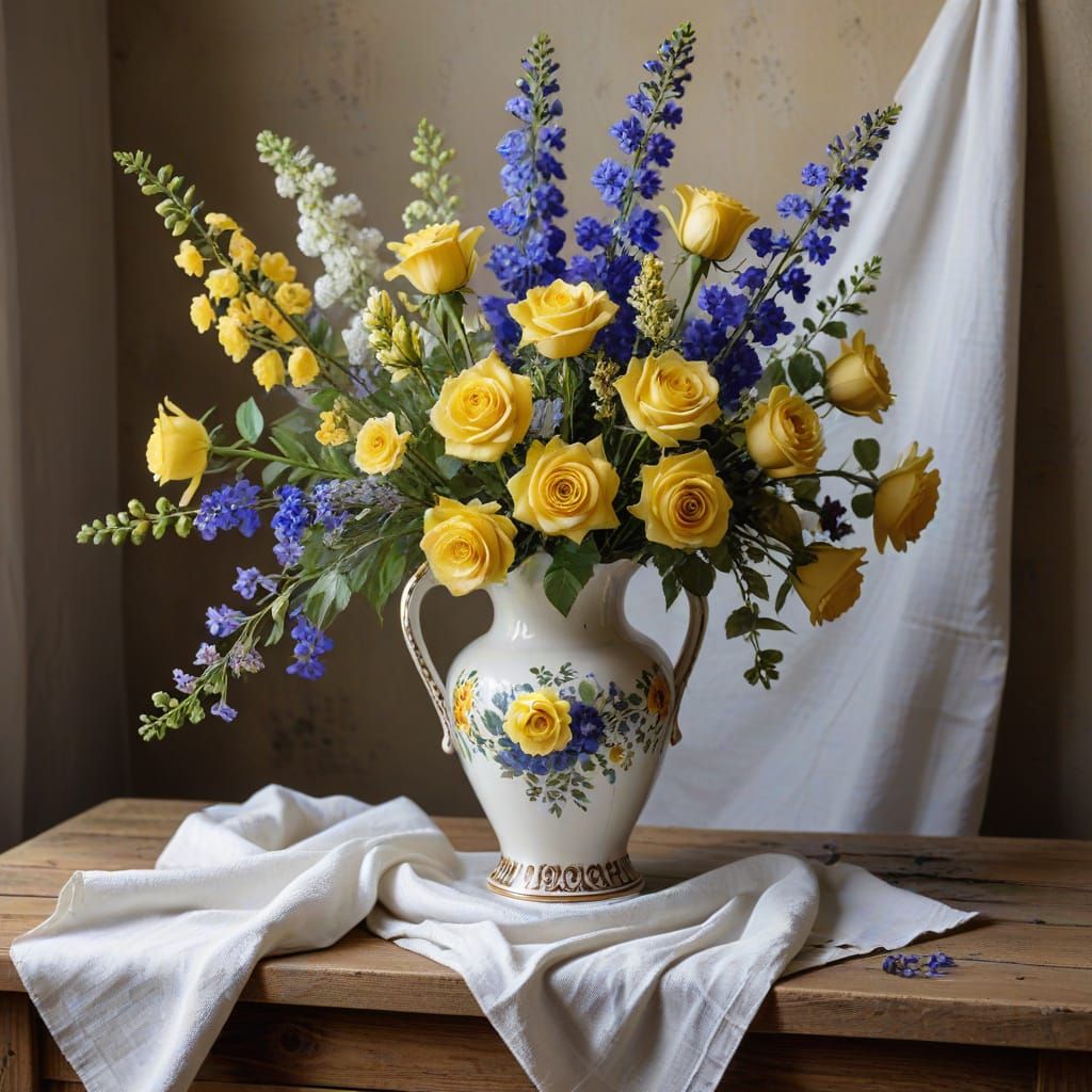 Vase of Yellow Roses and Lilac Delphiniums
