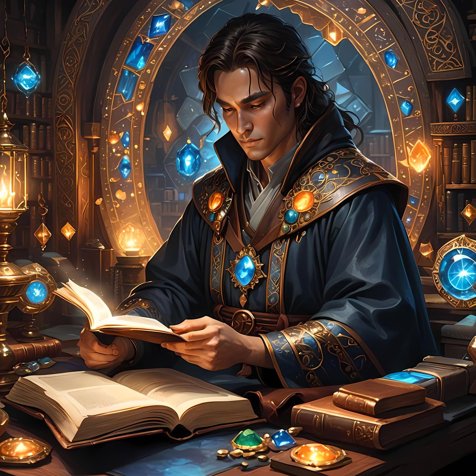 Student Studies Glowing Textbook: Fantasy Concept Art