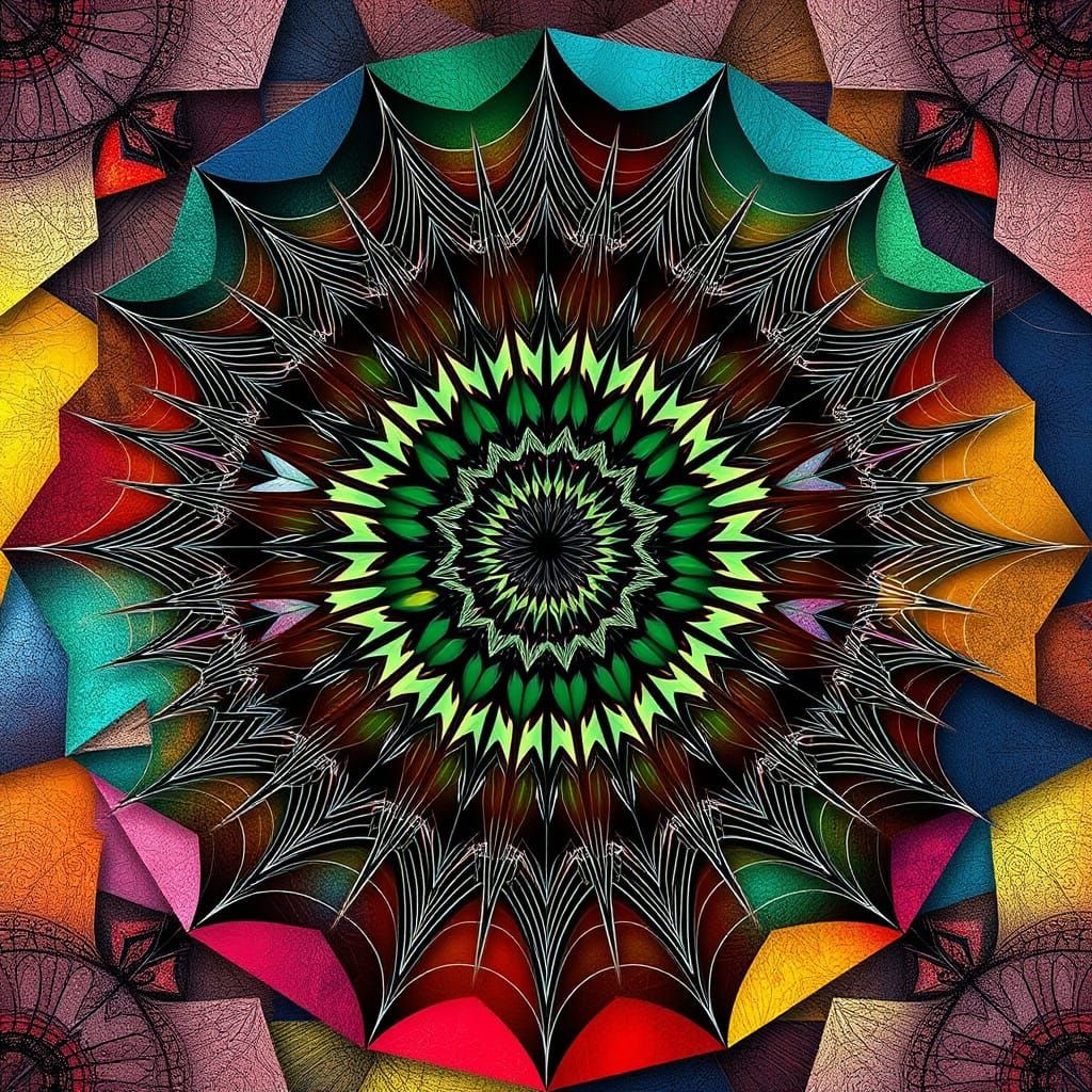 Fractal Spiderweb in Vibrant Cubist Art