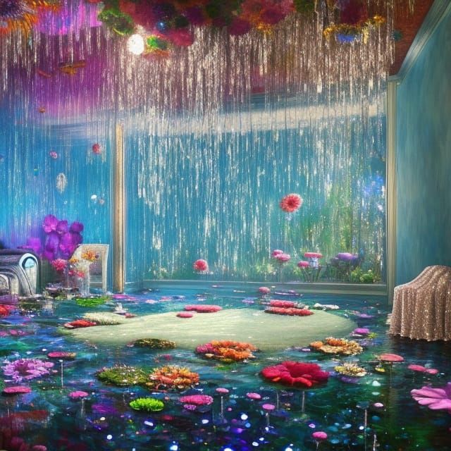 Dystopian Living Room Underwater Oil Painting