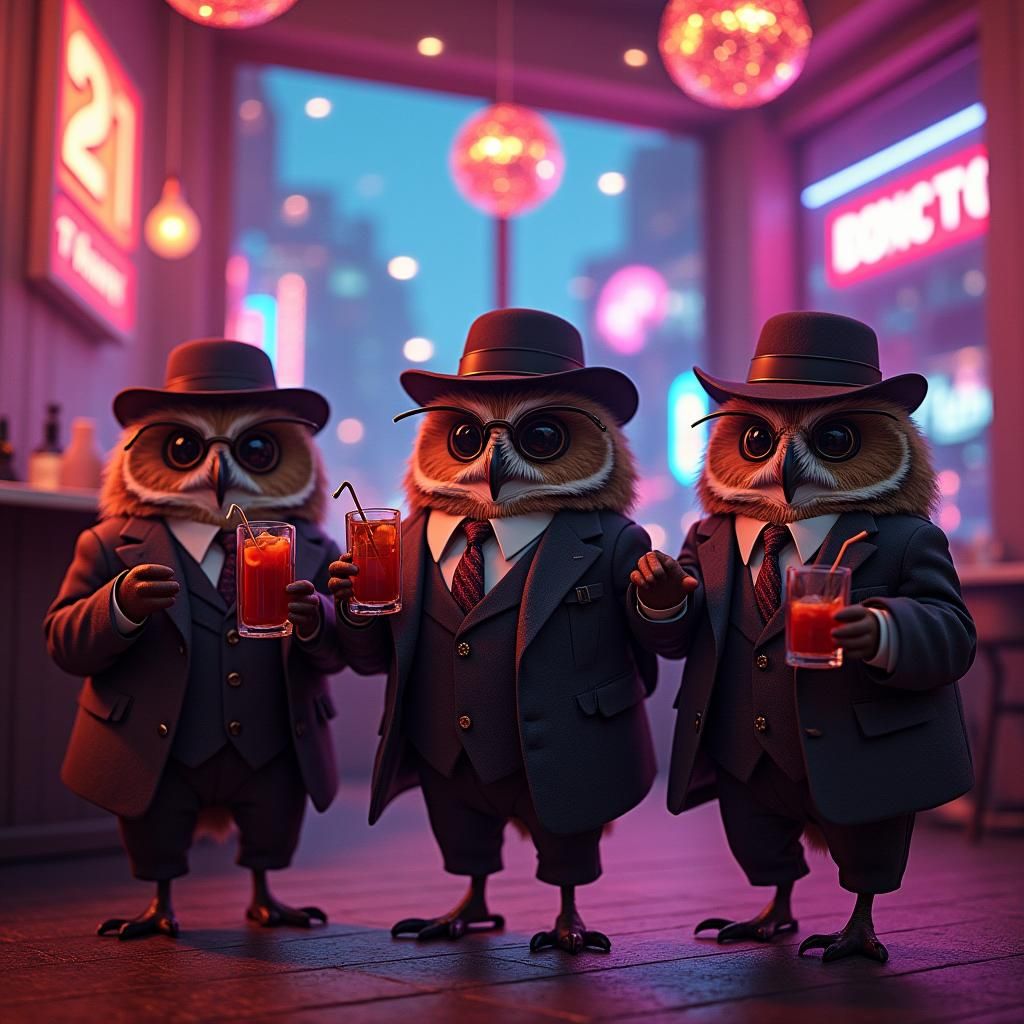 Stylish Owls Celebrate Nightlife in Neon Club