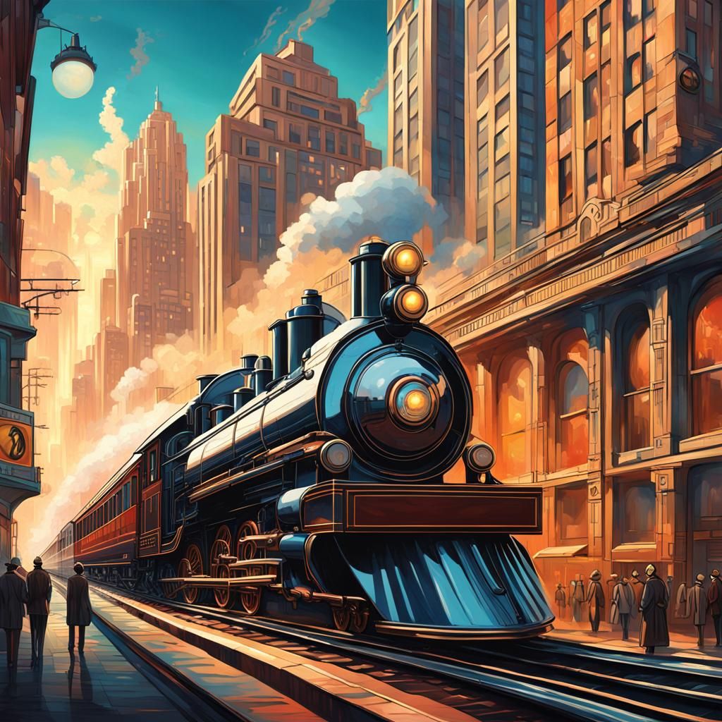 Art Deco Futuristic Steam Train in Metropolis