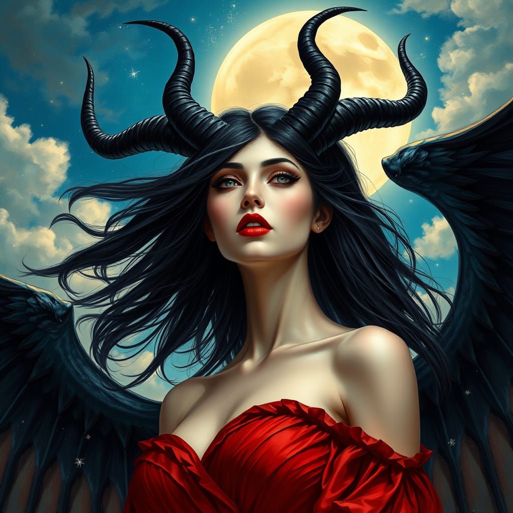 Mystic Goddess with Black Wings and Red Dress