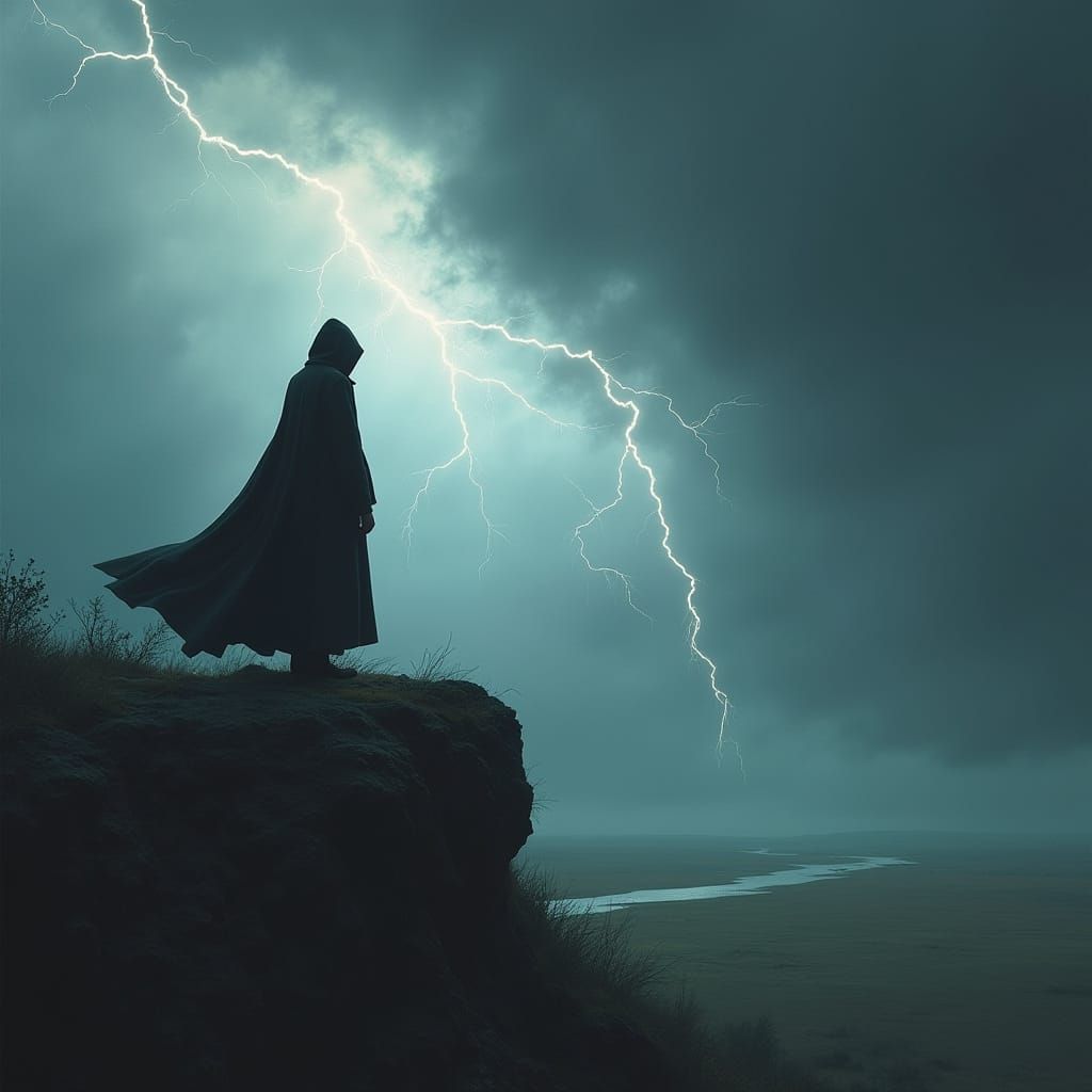 Silhouette on Stormy Cliff in Romantic Style