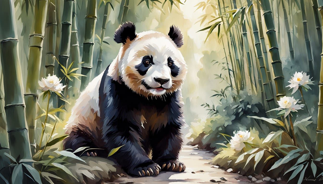 Adorable Panda in Bamboo Forest: Watercolour Painting