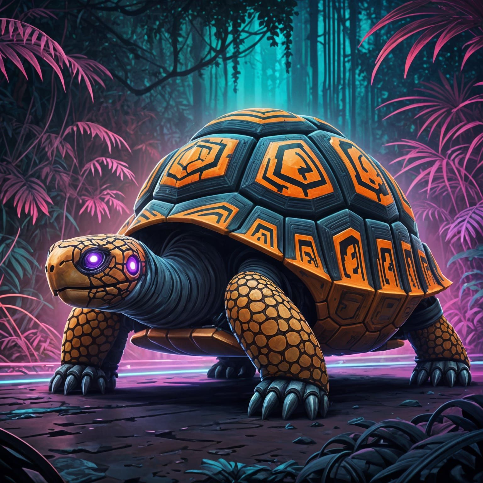Mechanical Tortoise Crawls Through Neon Jungle in Anime Styl...